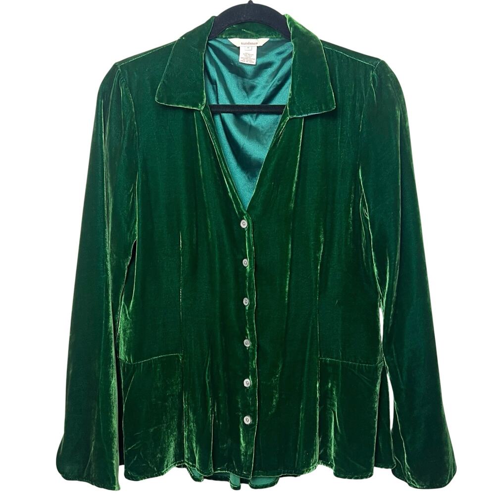 Sundance Velvet Peplum Button-Front Top Green Boho Silk-Blend Blouse Size 8